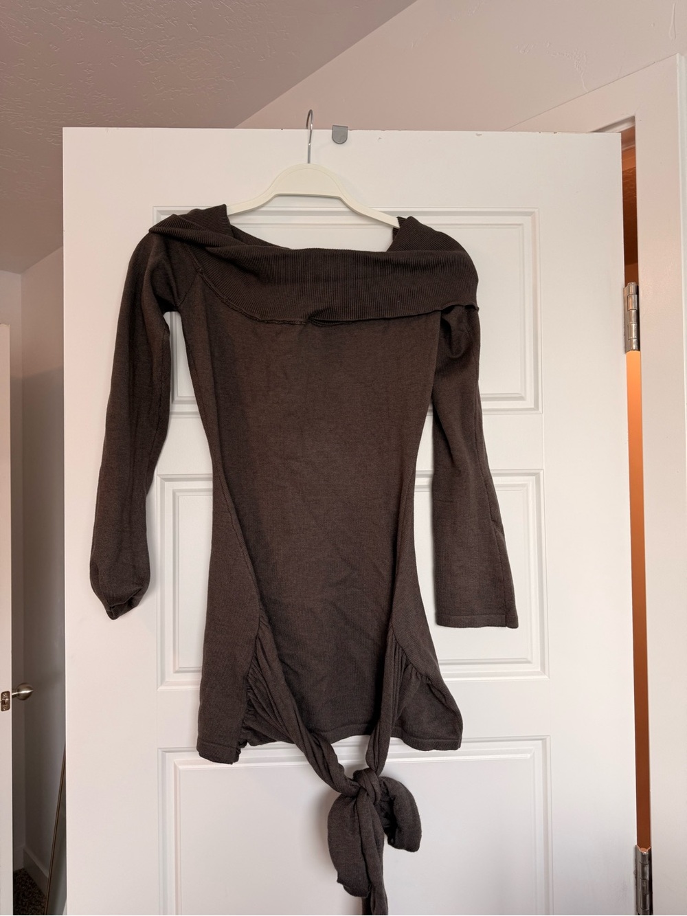 Brown Knit Tie-Front Long Sleeve mini dress